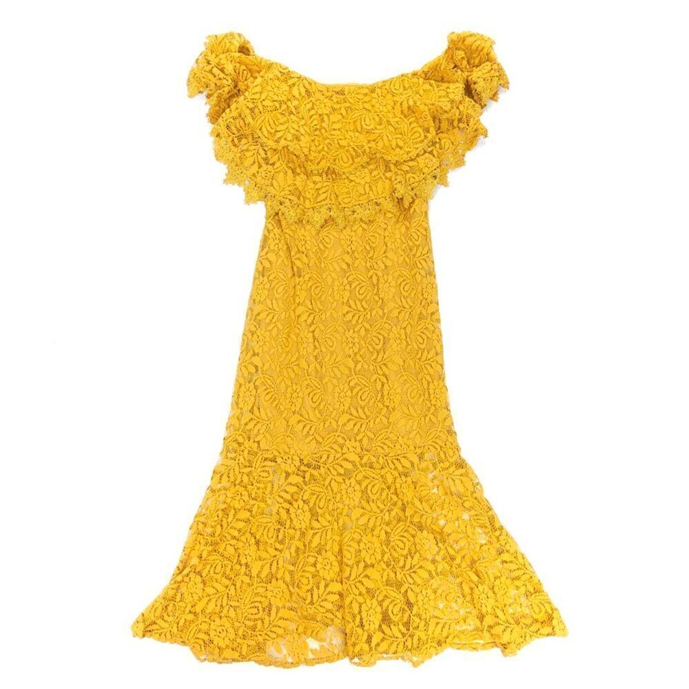 NEW Lulus Jaclyn Golden Yellow Lace Off the Shoulder Midi Dress Ruffled Small